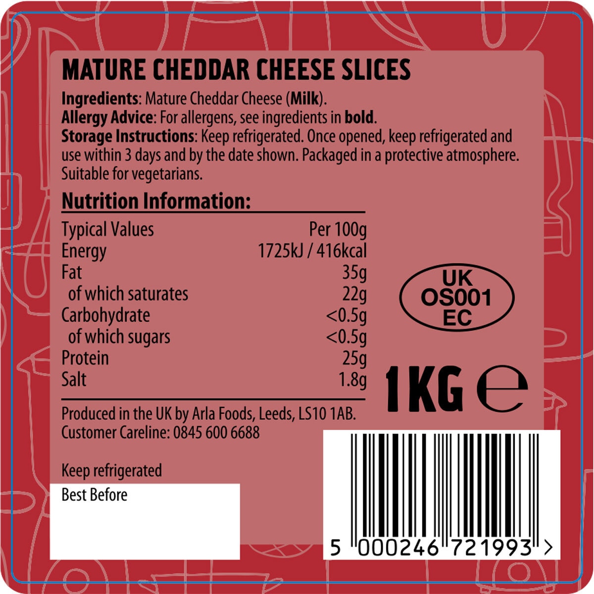Back of packaging for Arla Professional Mature Cheddar Slices