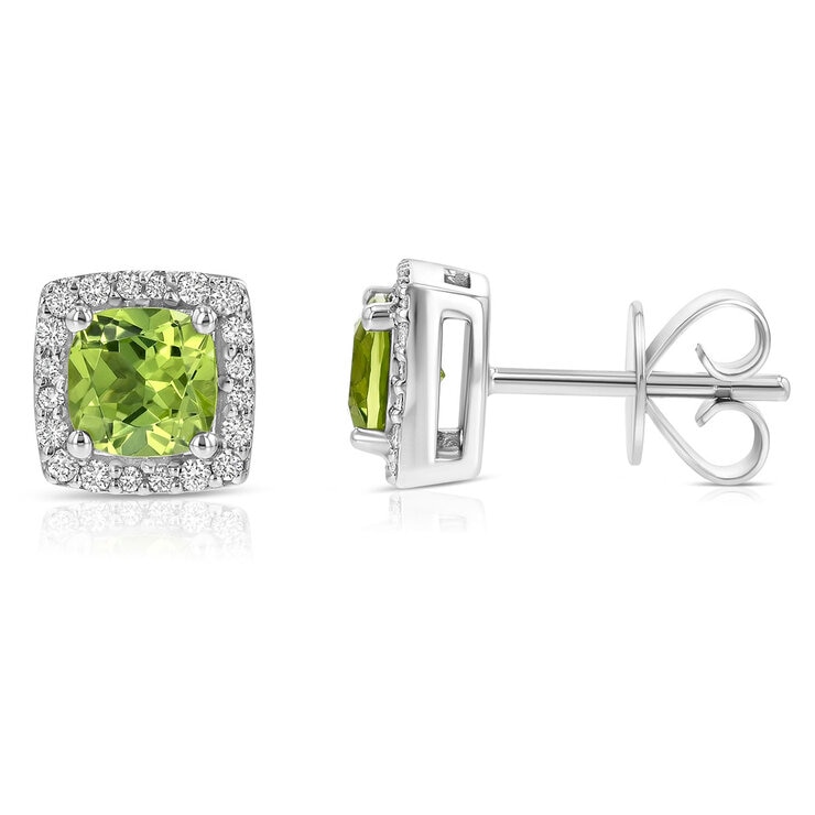 Cushion Cut Peridot & 0.13ctw Diamond Stud Earring, 14ct White Gold Cushion Cut Peridot & 0.13ctw Diamond Stud Earring, 14ct White Gold