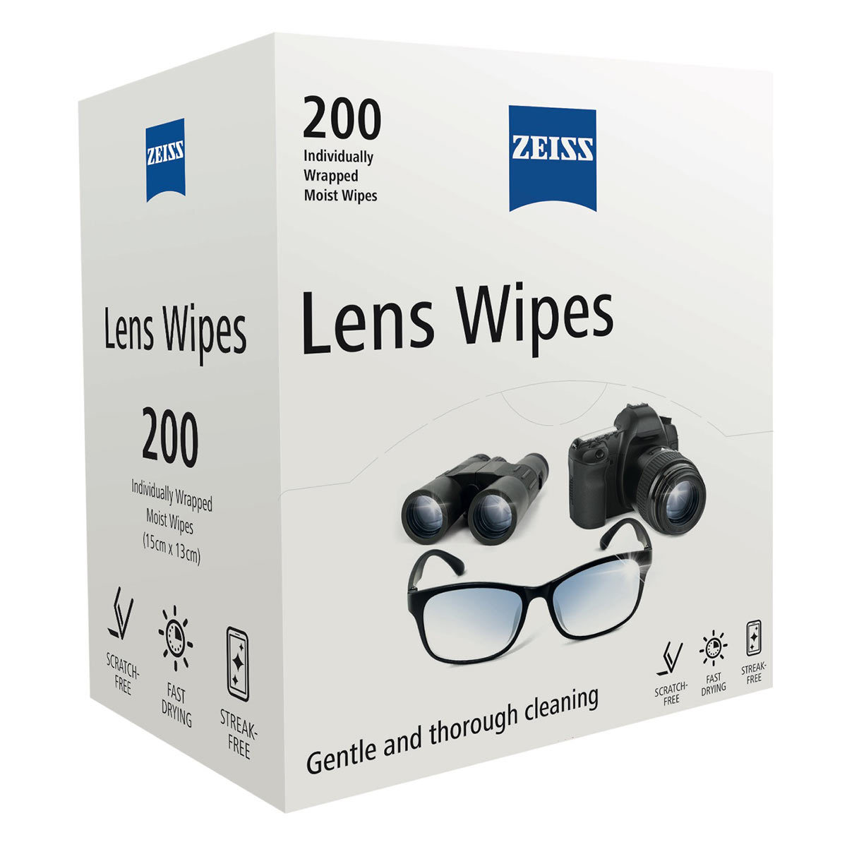 Angled image of the boxed lens wipes