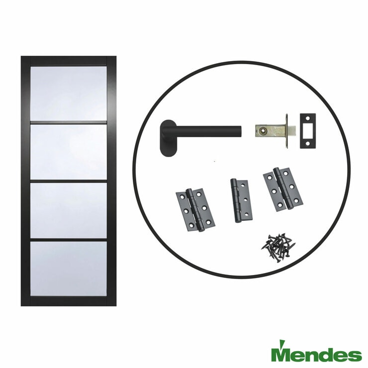 Mendes Industrial Solid Internal Door With Slim Handle Pack- Black Rome Glazed in 3 Sizes