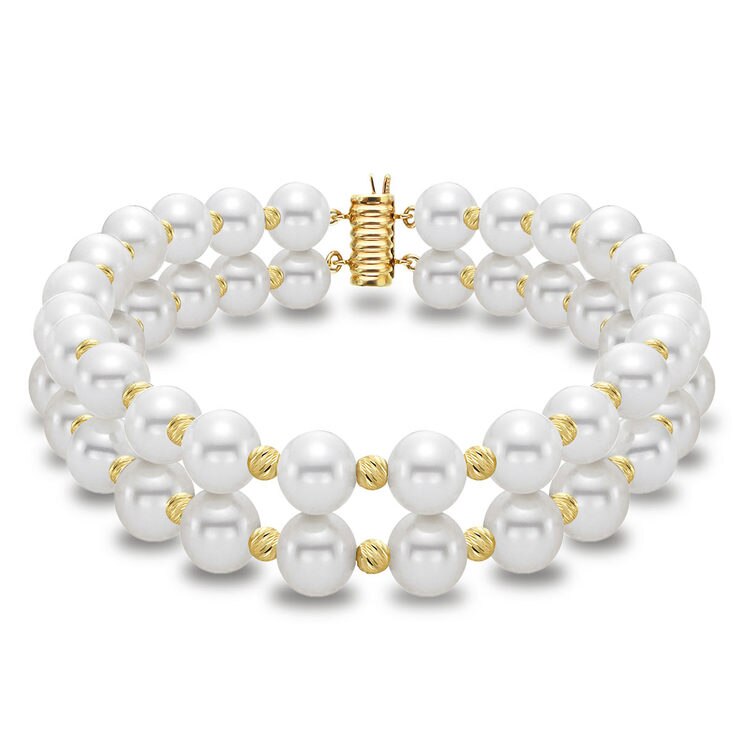 77.5mm Cultured Freshwater White Pearl 2 Strand Bracelet, 18ct Yellow
