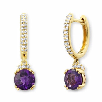 Round Cut Amethyst & 0.24ctw Diamond Earrings, 18ct Yellow Gold