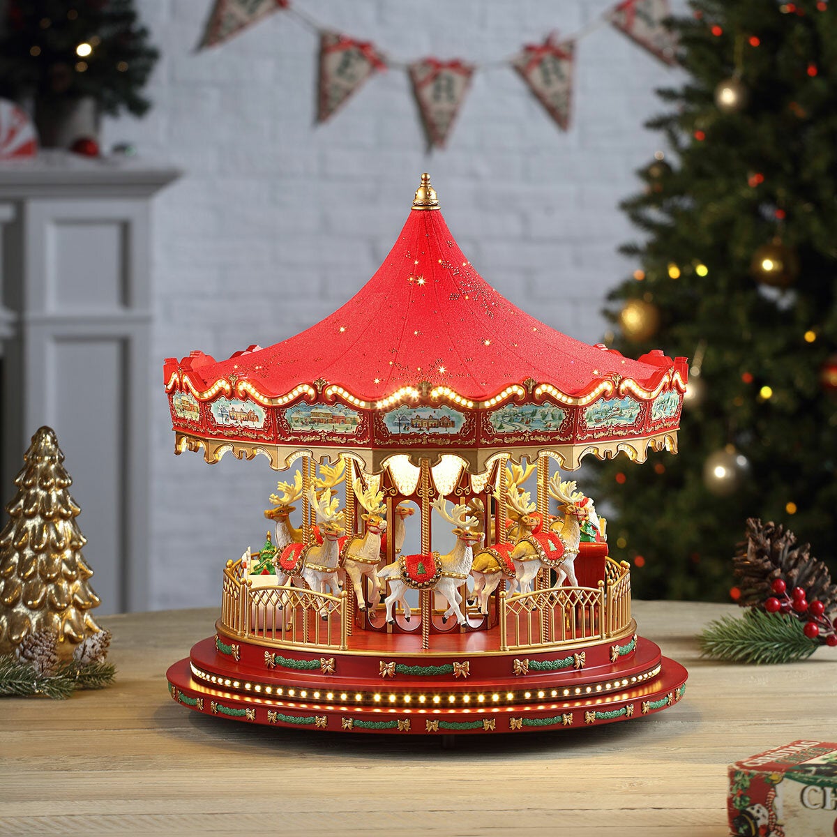 17 Inch Nostalgic Deluxe Glass Embellished Carousel in Red 17 Inch Nostalgic Deluxe Glass Embellished Carousel in Red