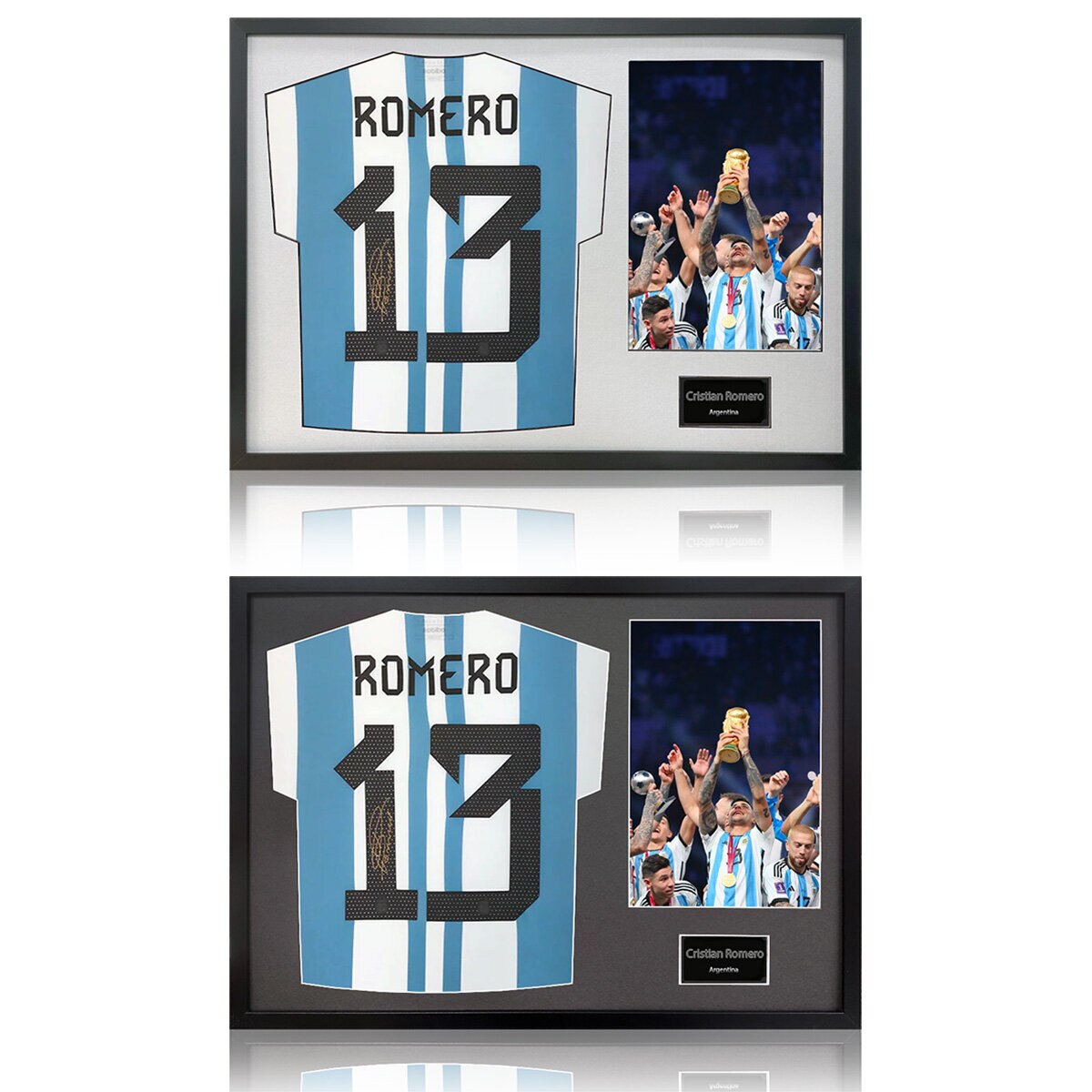 Christian Romero Signed Framed Argentina Football Shirt including 1 Photo in 2 Options: White or Black Mount