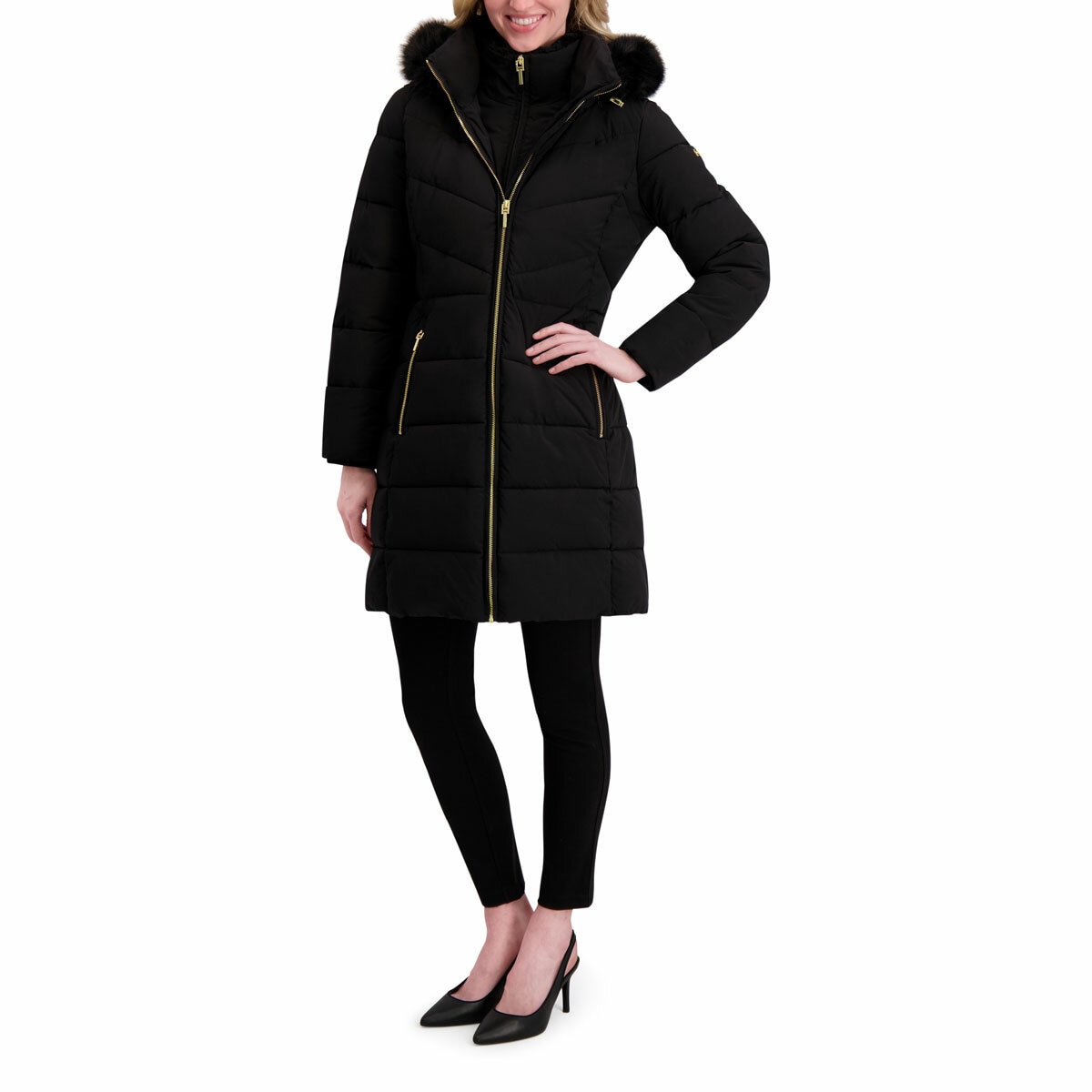 Halston Ladies Hooded Walker Coat in Black