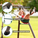 Lifestyle image showing the swing brackets, soft rubber grips on the trapeze and the durable support bases Lifestyle image showing the swing brackets, soft rubber grips on the trapeze and the durable support bases