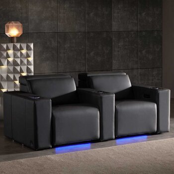 Valencia Barcelona Row of 2 Black Leather Power Reclining Home Theatre Seating with RGB LED