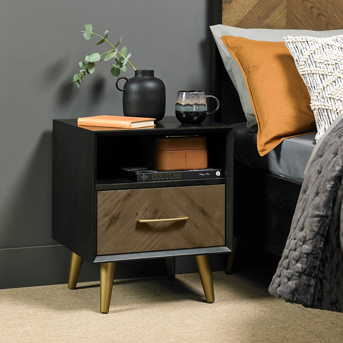 Bentley Designs Sienna Fumed Oak & Peppercorn One Drawer Nightstand, 2 Pack