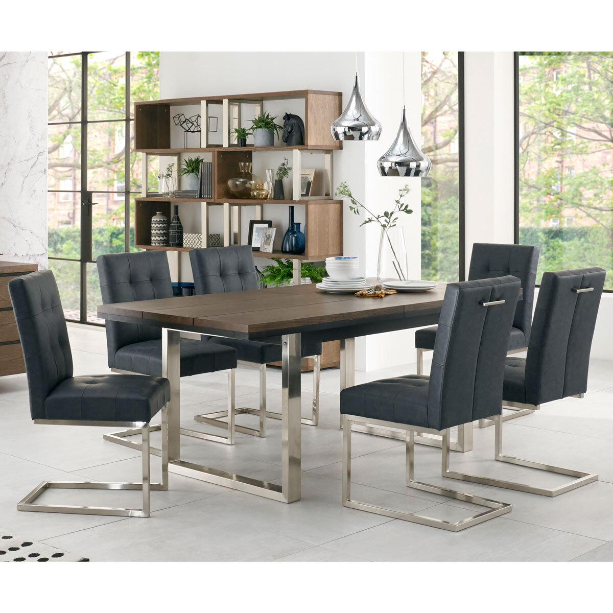 Bentley Designs Tivoli Dark Oak Dining Table + 6 Black Leather Cantilever Dining Chairs