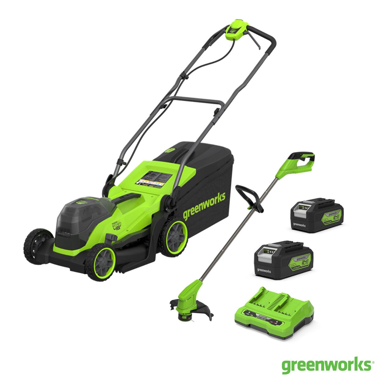 Greenworks 48V 36cm Cordless Lawnmower & 24V 25cm Line Trimmer Bundle
