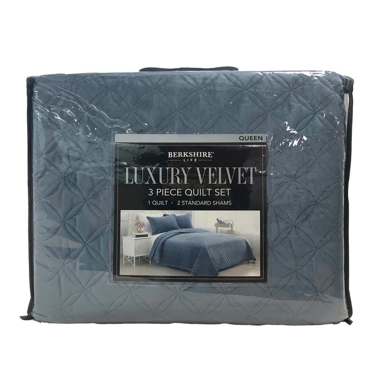 Berkshire Life Luxury Velvet 3 Piece King Size Quilt Set, Blue Costco UK