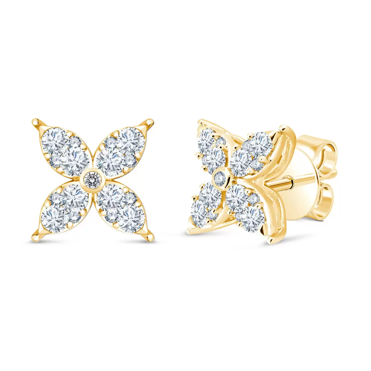 0.90ctw Flower Stud Diamond Earrings, 14k Yellow Gold