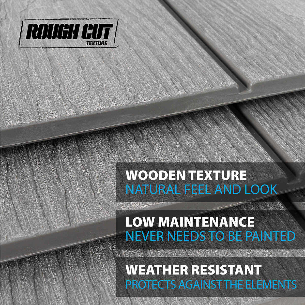 Material features - wooden texture, low maintenance, weather resistant