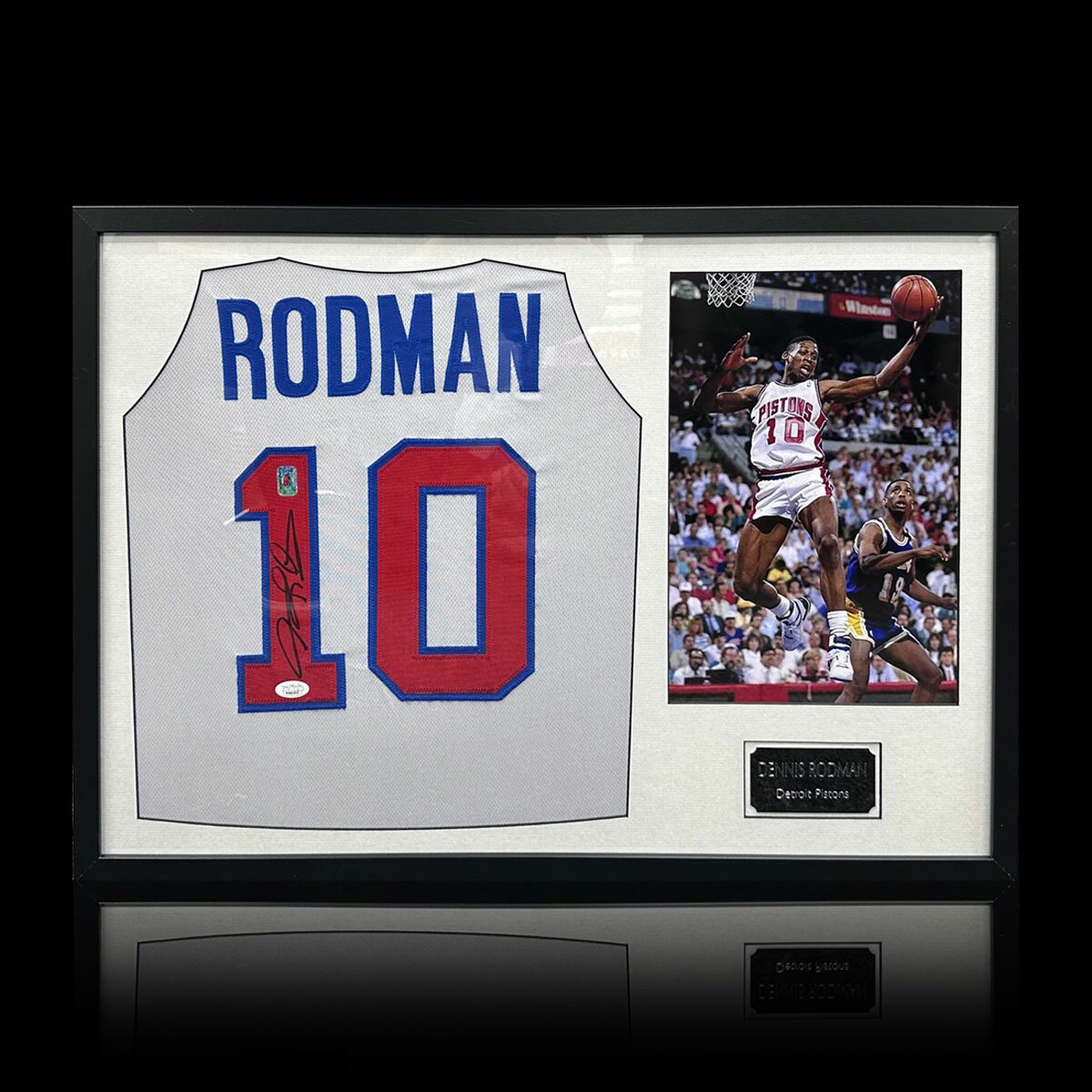Dennis Rodman Signed Framed Detroit Pistons NBA Jersey including 1 Photo, in White Dennis Rodman Signed Framed Detroit Pistons NBA Jersey including 1 Photo, in White