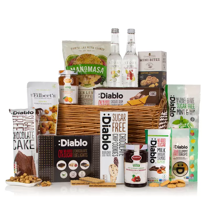 Basket with contents displayed in and around it Basket with contents displayed in and around it