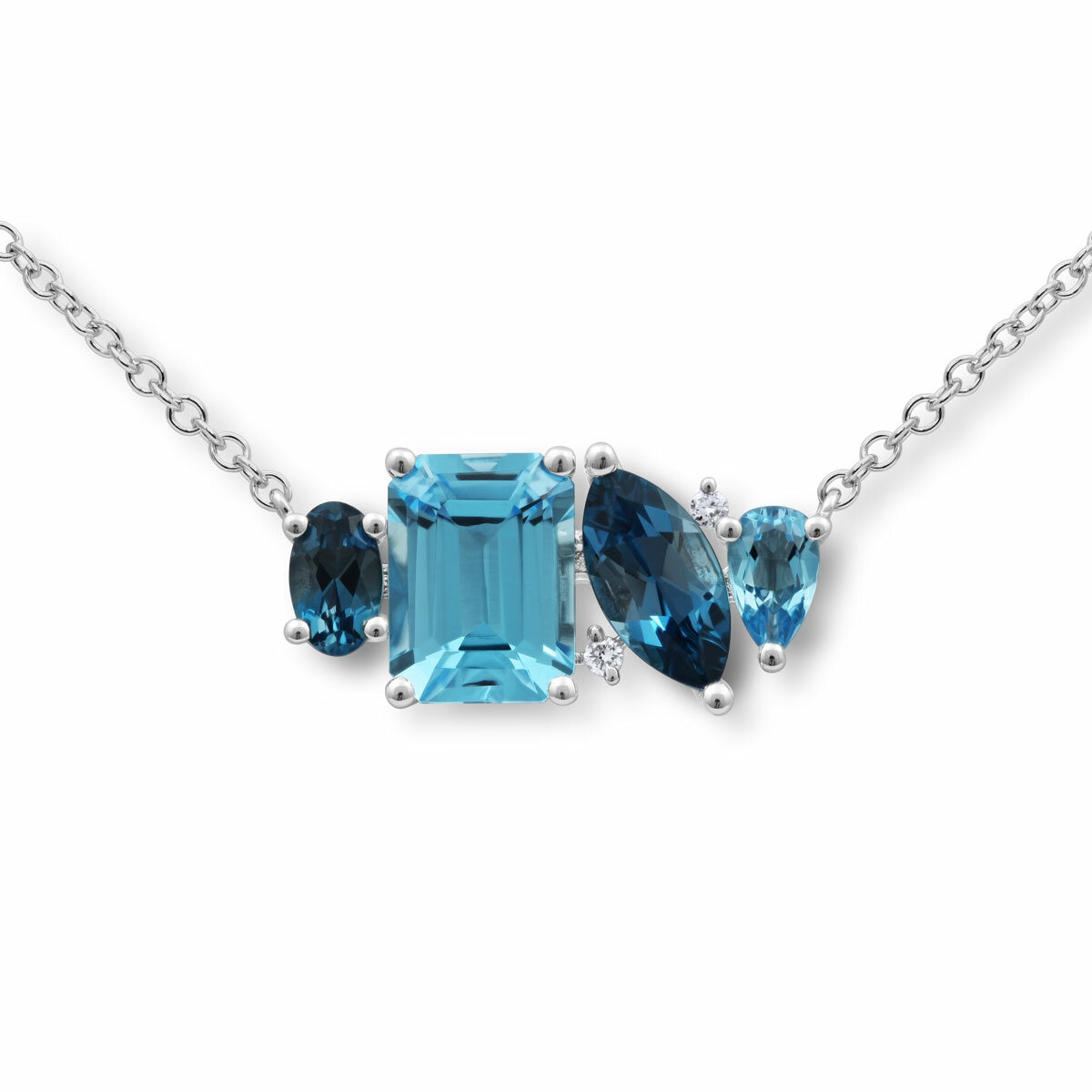 Oval, Emerald, Marquise & Pear Cut Blue Topaz & 0.02ctw Diamond Necklace, 18ct White Gold