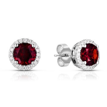 Round Cut Garnet & 0.19ctw Diamond Earrings, 14ct White Gold