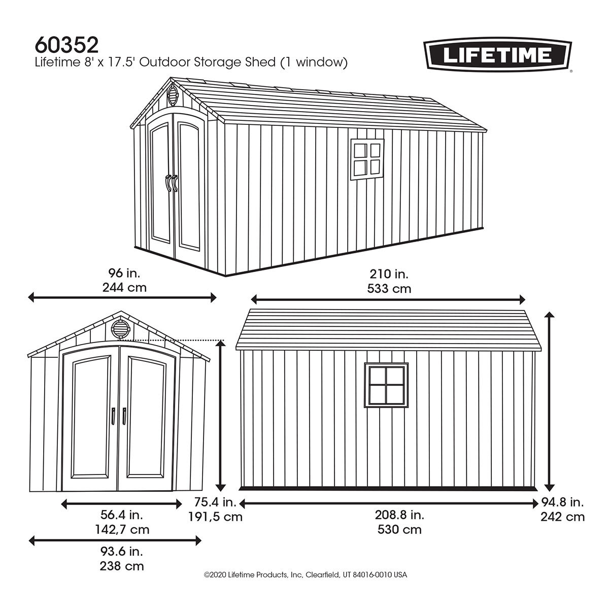 Lifetime 8ft x 17ft 5" (2.4 x 5.3m) Rough Cut Outdoor Storage Shed - Model 60352