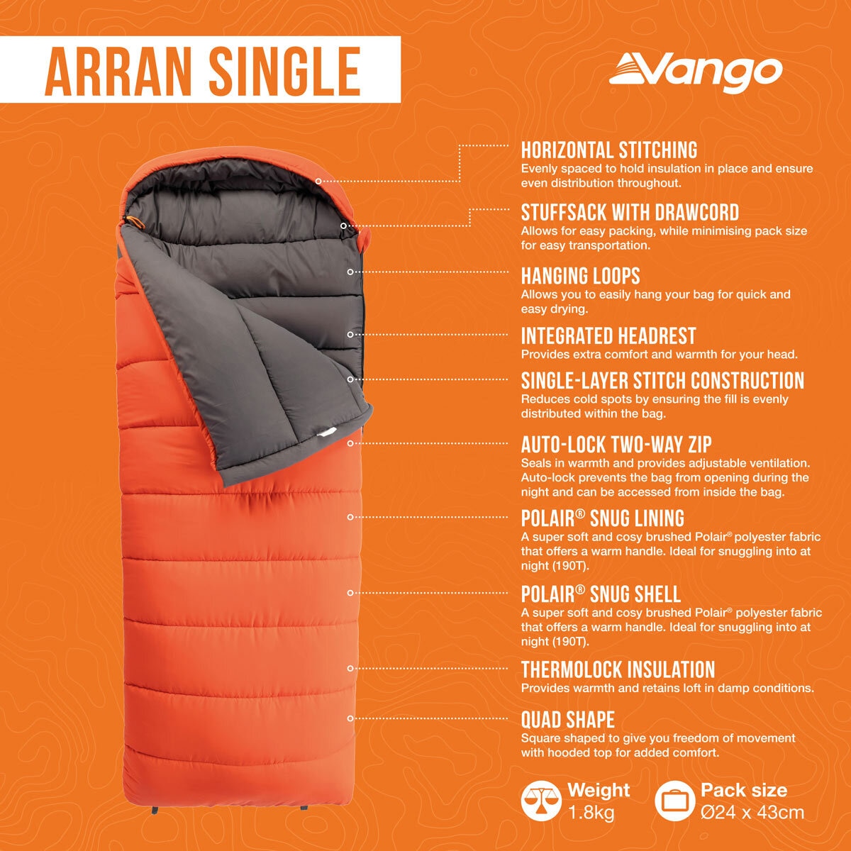 Vango Arran Rectangular Sleeping Bag, Single