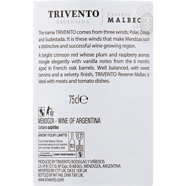 Trivento Malbec back of bottle