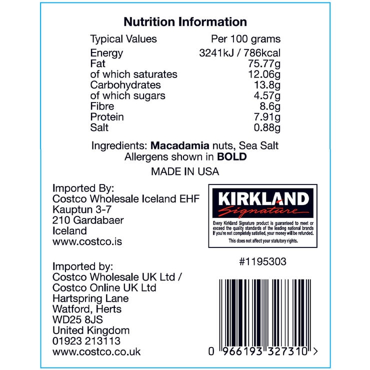 Kirkland Signature Dry Roasted Macadamia Nuts with Sea Salt, 680g