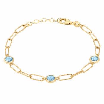 Round Cut Aquamarine Paperclip Bracelet, 14ct Yellow Gold