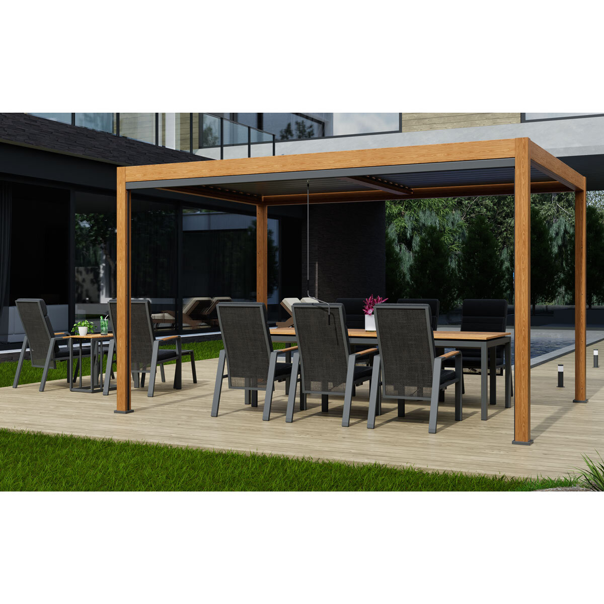 Alvivo 9ft 8" x 13ft 3" (3 x 4m) Wood-Look Louvered Aluminium Pergola Bundle with 3 Pull-Down Screens