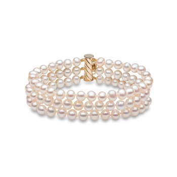 5.5-6mm Cultured Freshwater White Pearl 3 Row Bracelet, 14ct Yellow Gold