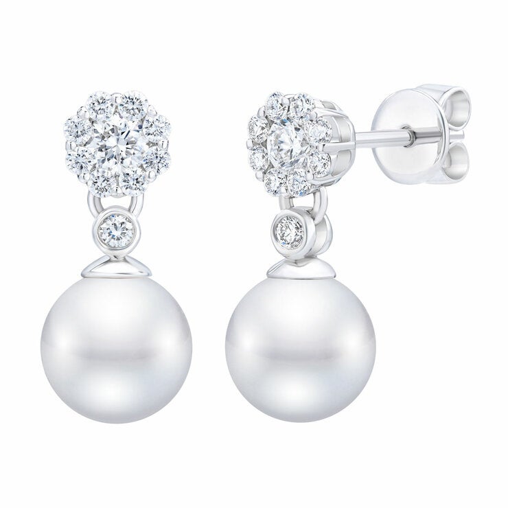 7-7.5mm Akoya White Pearl & 0.45ctw Diamond Earrings, 14ct White Gold 7-7.5mm Akoya White Pearl & 0.45ctw Diamond Earrings, 14ct White Gold