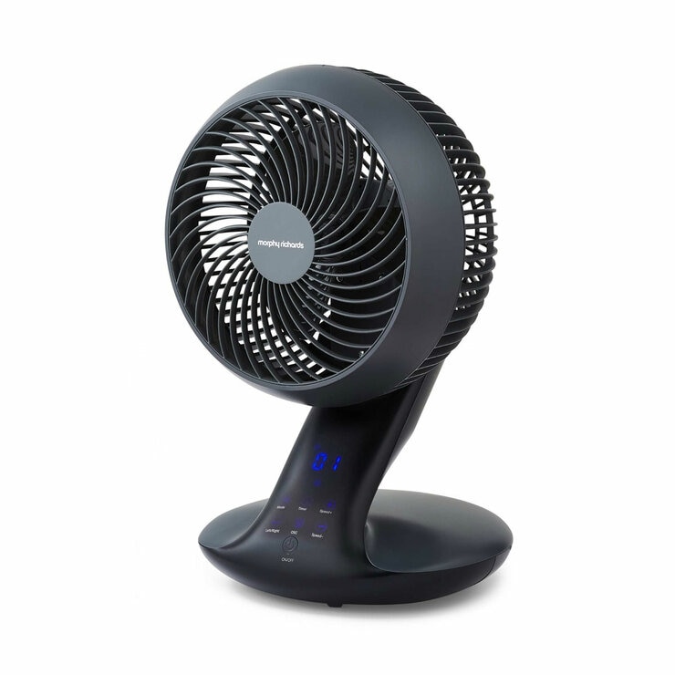 Side profile of MorphyAir Flex 10" Air Circulator with power on