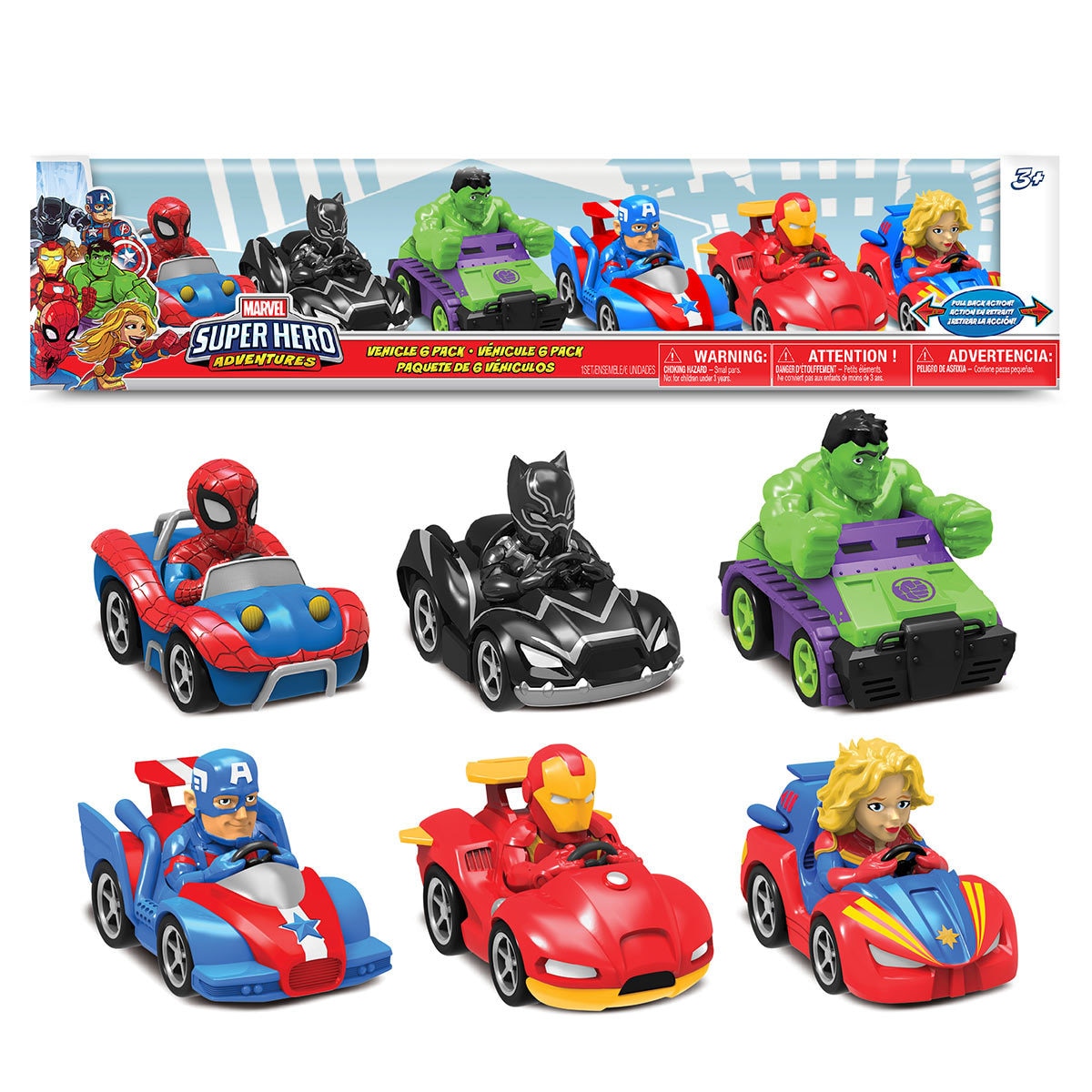 Marvel Super Hero Adventures, Pull-back Action Vehicle - 6 Pack (3+ Years)