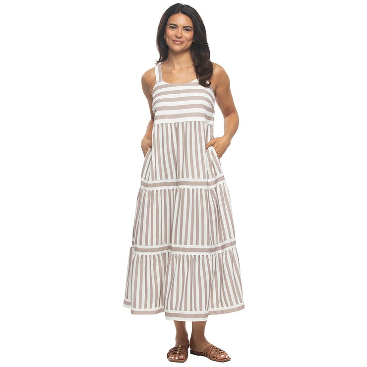Jezebel Ladies Tiered Dress in Taupe Stripe Jezebel Ladies Tiered Dress in Taupe Stripe