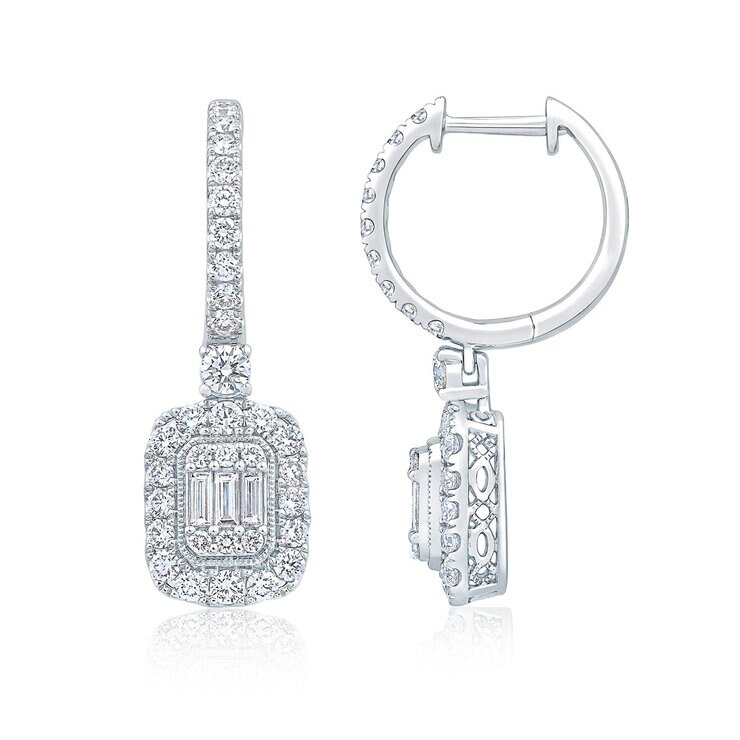 1.50ctw Round Brilliant & Baguette Cut Diamond Earrings, 14ct White Gold 1.50ctw Round Brilliant & Baguette Cut Diamond Earrings, 14ct White Gold