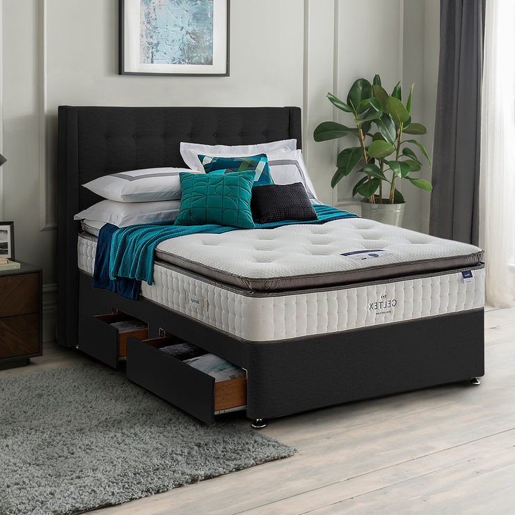 Silentnight Continental Drawer Divan Base with Bloomsbury Headboard in Ebony in 3 Sizes Silentnight Continental Drawer Divan Base with Bloomsbury Headboard in Ebony in 3 Sizes