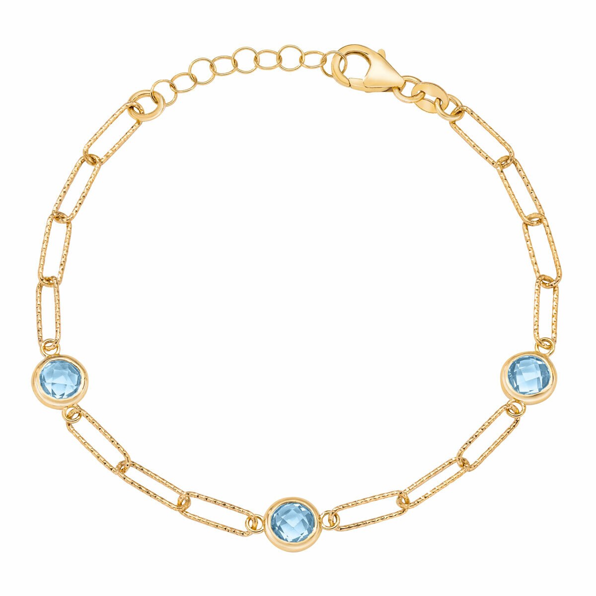 Round Cut Aquamarine Paperclip Bracelet, 14ct Yellow Gold