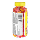 Another shot of gummy vitamins in plastic jar with yellow label