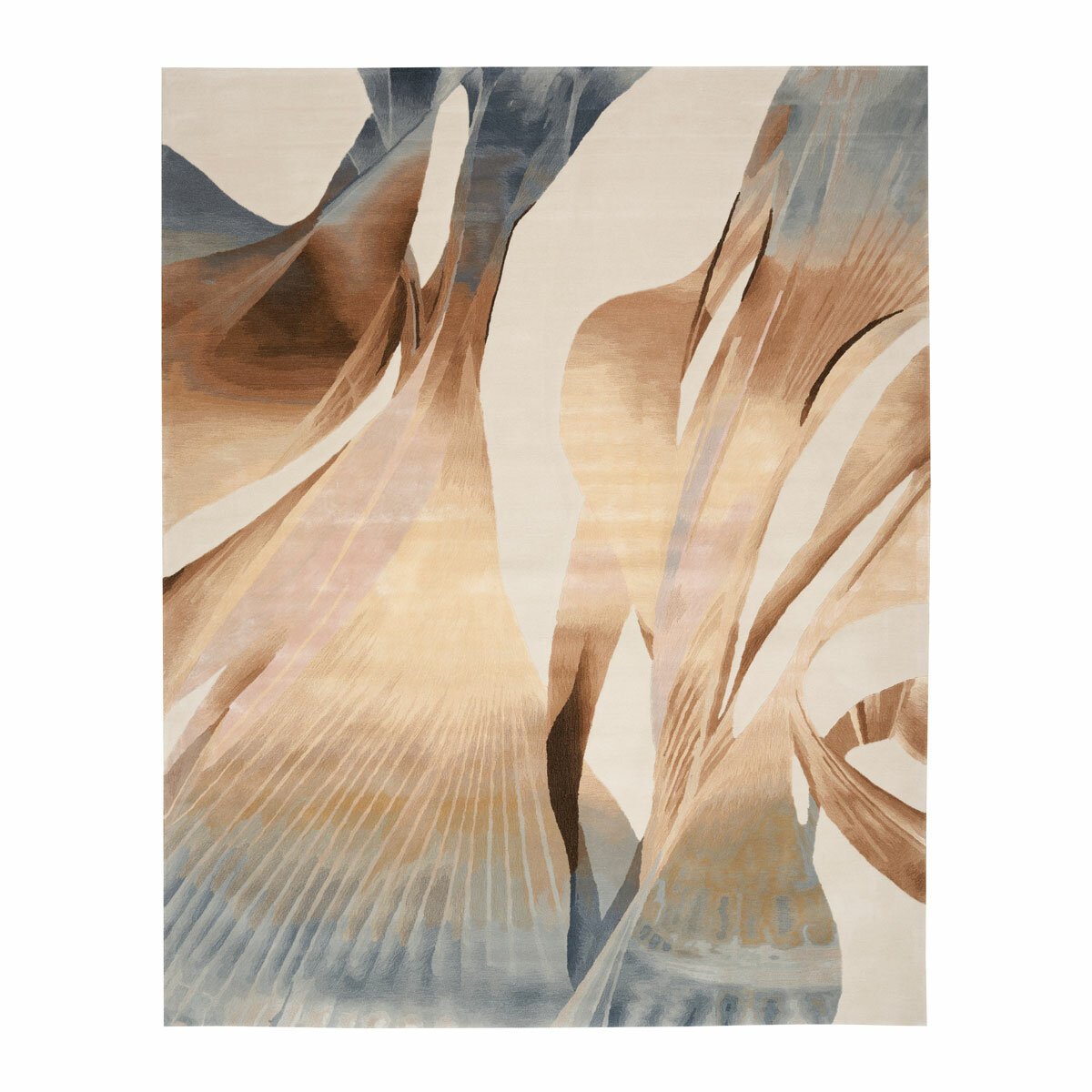 Rug with flowing abstract shapes in beige, brown, blue and cream, resembling soft fabric or wings in motion.