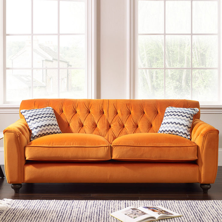 Avante Button Back 4 Seater Velvet Sofa with 2 Accent Pillows, Sunset