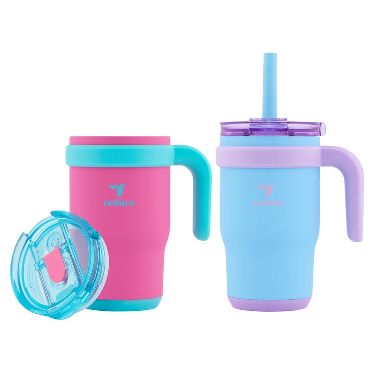 pink and sky blue Coldee mugs with lid off