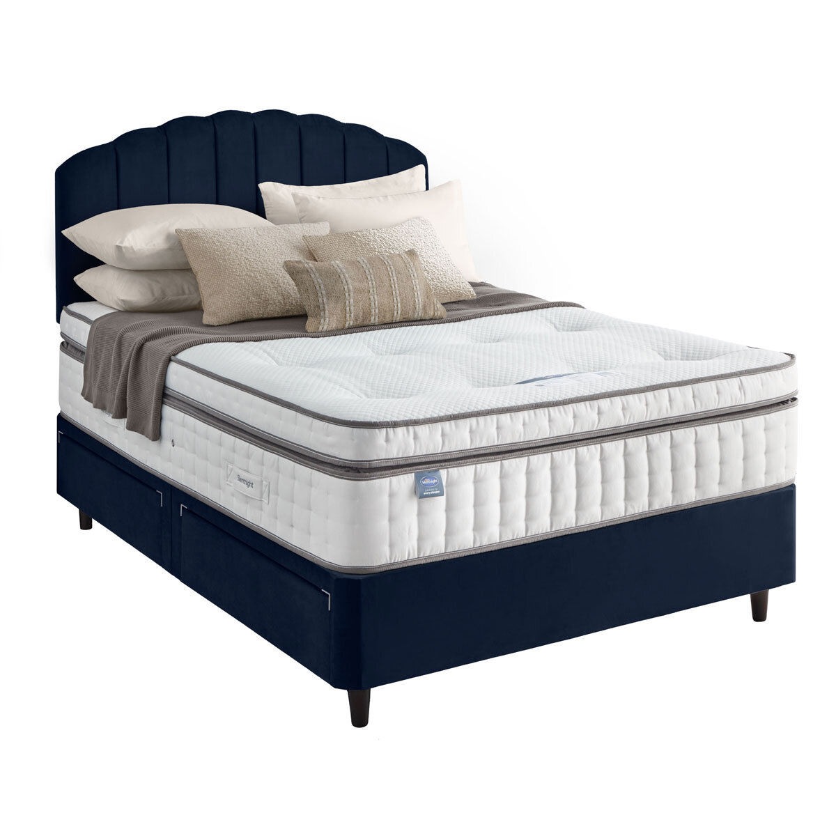 Silentnight Velvet 4 Drawer Divan Base with Merlin Headboard in Maritime in 3 Sizes