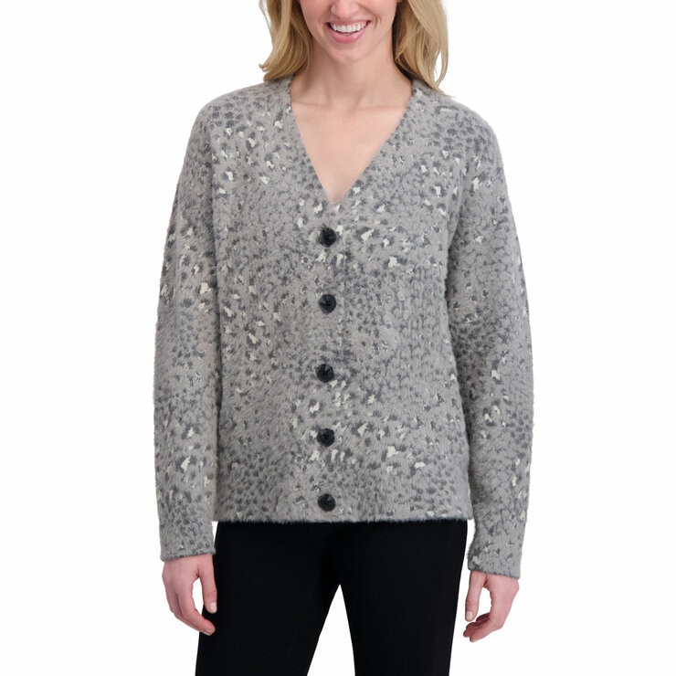 DKNY Ladies Leopard Print Cardigan in Stone