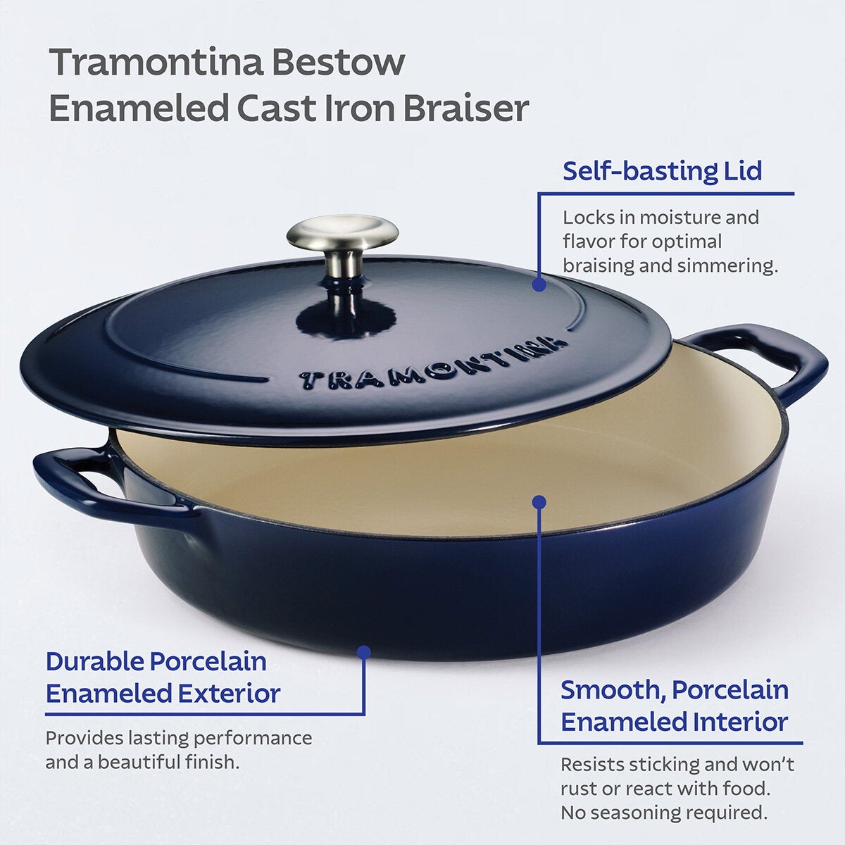 Tramontina Enamel Cast Iron Shallow Casserole Dish, 30cm / 3.8L in Blue