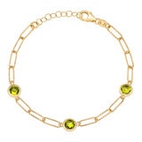 Round Cut Peridot Paperclip Bracelet, 14ct Yellow Gold