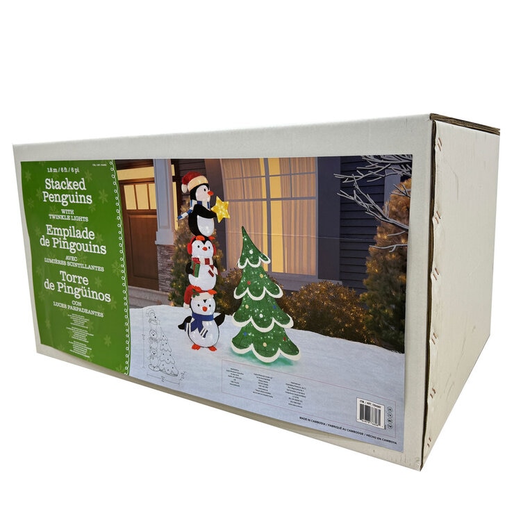 6ft (1.8m) Stacked Penguin Trio with Twinkle Lights