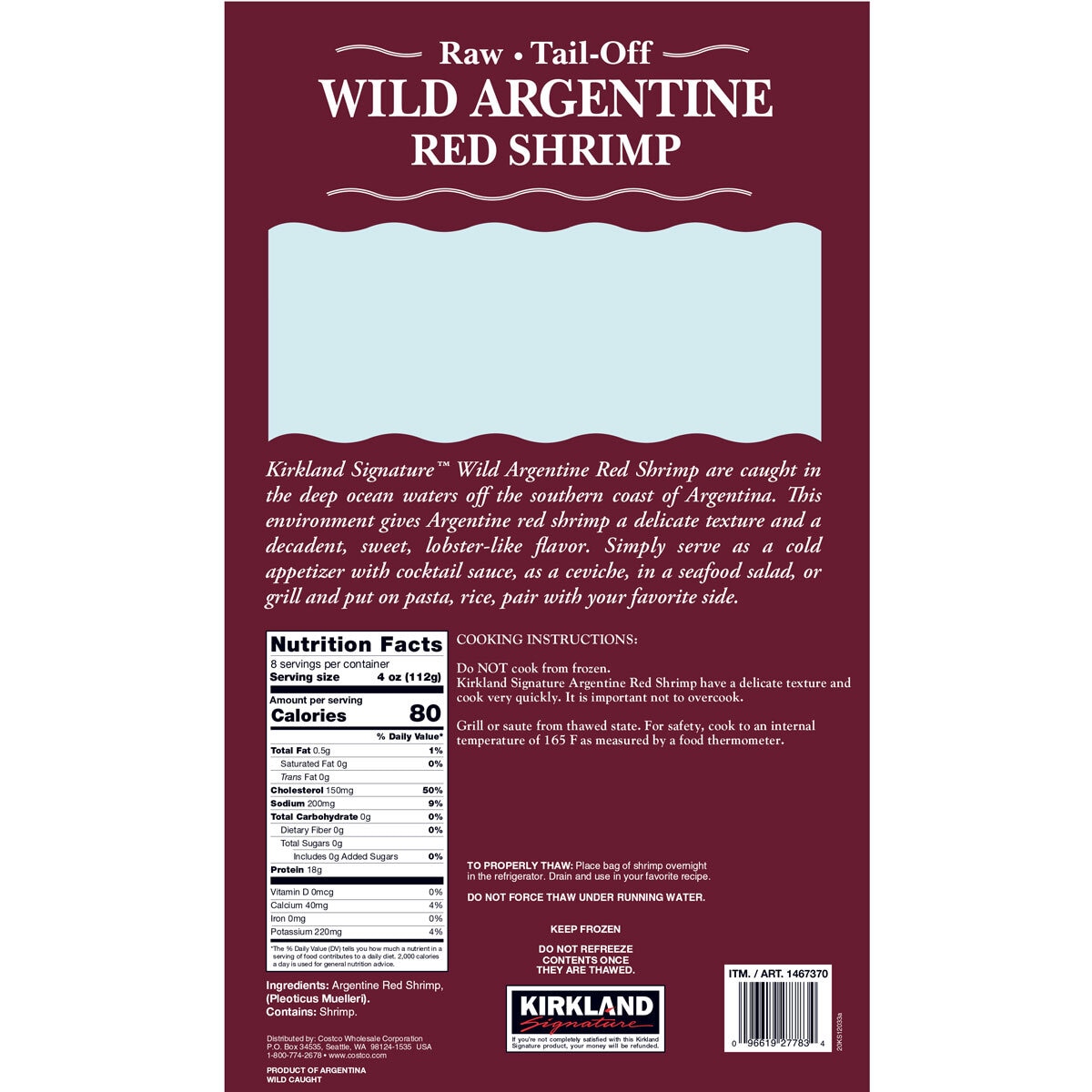 Kirkland Signature Raw Tail Off Wild Argentine Red Shrimp, 908g