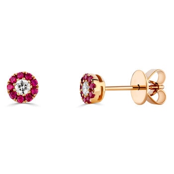 Round Cut Ruby & 0.10ctw Diamond Halo Stud Earrings