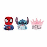 Imagery of Spiderman, Stitch and Disney Princess blanket/pillow folded set shown with a plain background