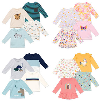 Pekkle Children's 4 Pack Long Sleeve Top in 4 Designs and 5 Sizes