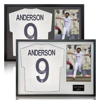 James Anderson Signed Framed England Cricket Shirt including 1 Photo in 2 Options: White or