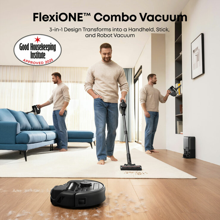 Lifestyle image of Eufy 3-in-1 E20 Robot, Stick and Handheld Vacuum Cleaner transforming into handheld, stick and robot vacuum